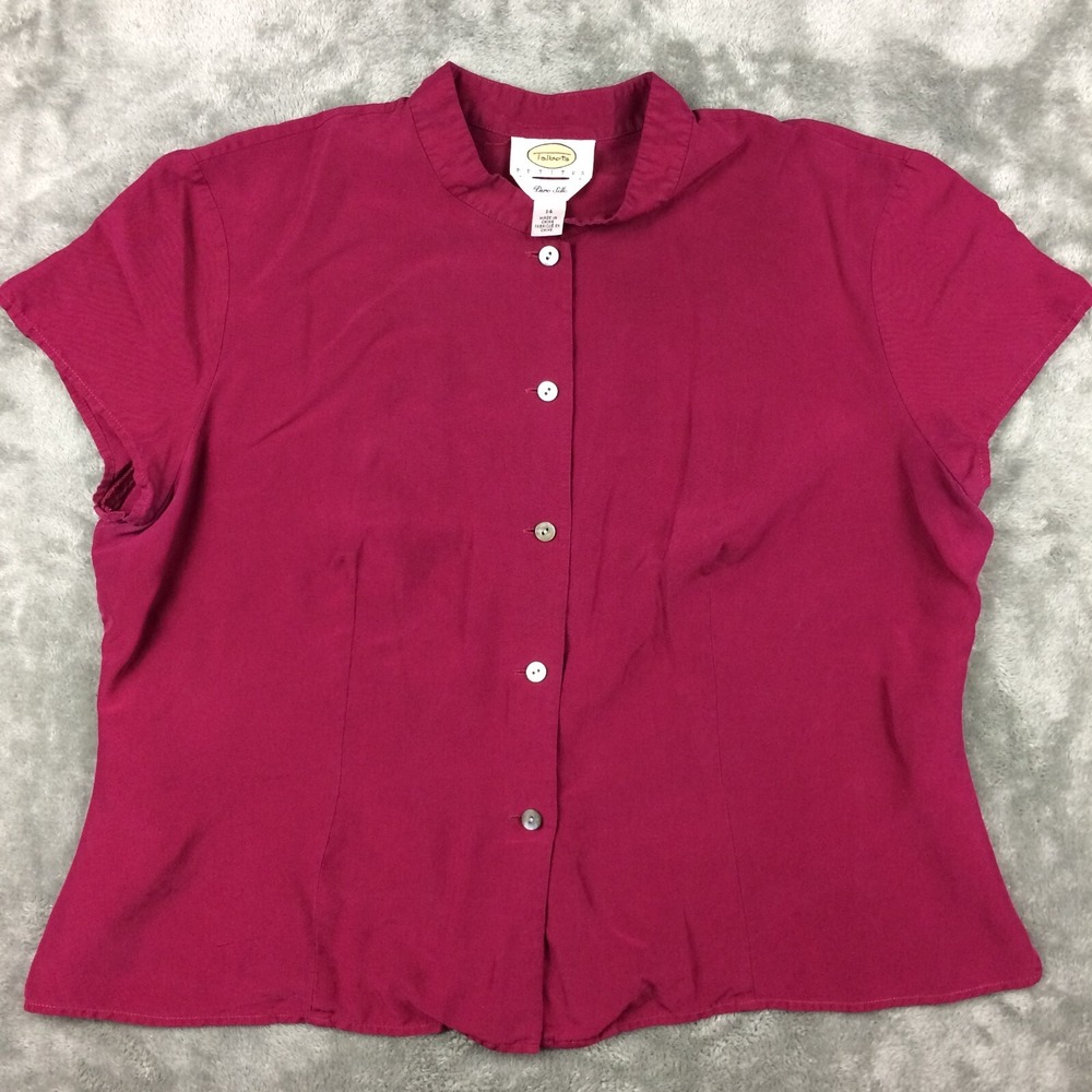 Talbots Blouse Womens 14 Petite Pink Silk Buttons Short Sleeve Mandarin Collar